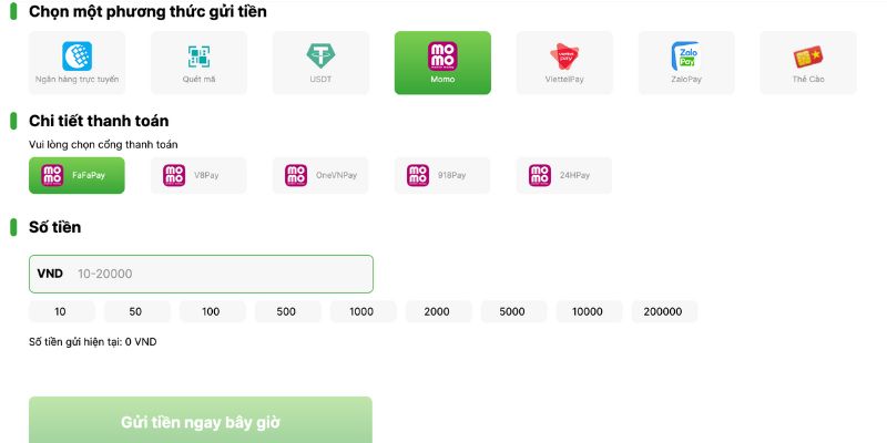 Chuyển tiền cược vào trang web thông qua ví Momo